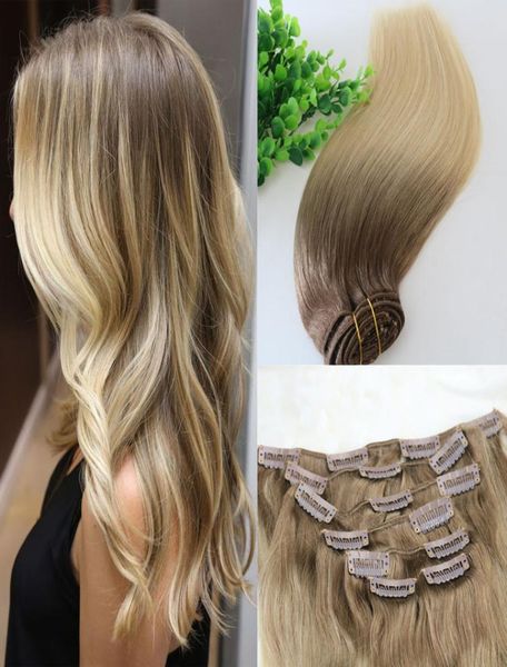 

8 60 613 full head clip in human hair extensions ombre medium brown ombre hair light blonde balayage highlights 7pcs a lot 120g3462405, Black