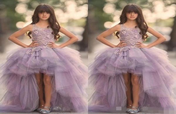 

2020 lavender high low girls pageant gowns lace applique sleeveless flower girl dresses for wedding purple tulle puffy kids commun7990498, White;blue