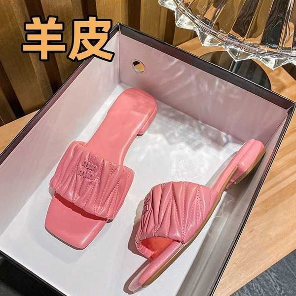 

mius beach shoes women slide designer sandals sheepskin pleated square slippers summer new fashion flat bottom fairy sandal for external wea