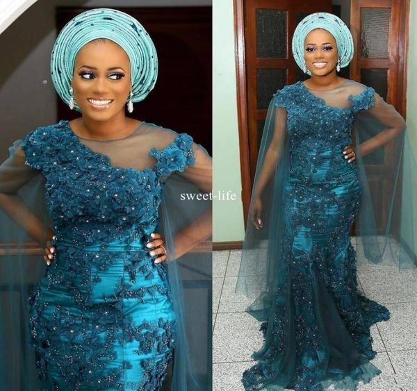 

aso ebi style 2019 mermaid evening dresses full 3dfloral appliques beaded with tulle sleeve sweep train custom made prom gowns7915885, Black;red