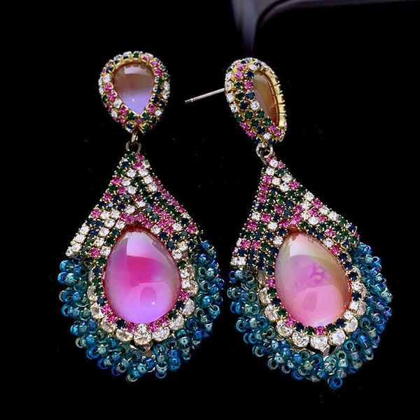 

charm exaggerated earrings colorful temperature changing stone temperament personalized highend sense crystal light luxury heavyduty water d, Golden