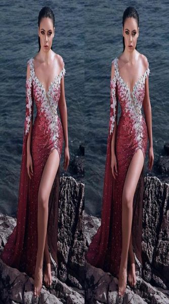 

arabic evening dresses 2019 one shoulder thigh high slits beaded prom gowns lace appliques special occasion dress4564562, Black;red