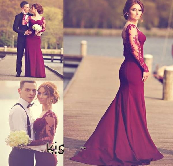 

eyecatching burgundy lace mermaid evening dresses sweetheart sheer long sleeves court train prom gowns engagement dresses6549245, Black;red