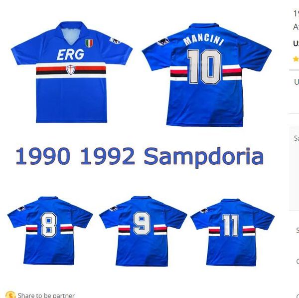 

1990 1992 sampdoria retro soccer jersey 90 91 uc sampdoria vintage classic mancini vialli cerezo attilio lombardo football shirt fdu, Black;yellow