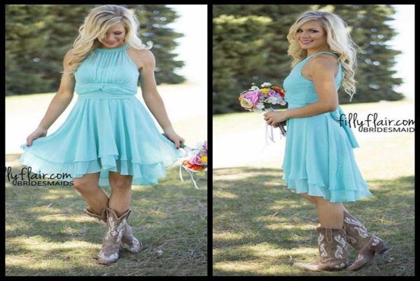 

2020 beach country style turquoise high low bridesmaid dresses crew neck ruffled chiffon mini dress beach wedding party dresses3183534, White;pink