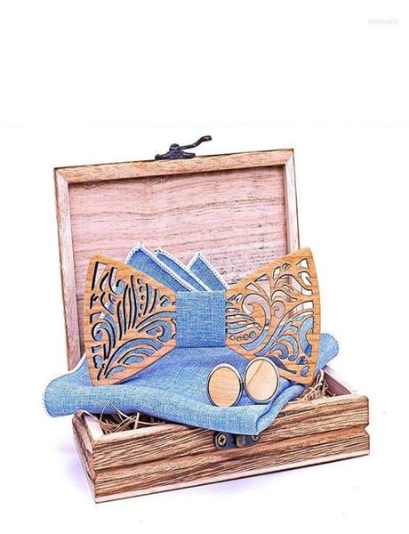 

bow ties sitonjwly fashion 3d wooden bowtie for mens pocket towel papillon corbatas hollow carved wood tie handkerchief cufflinks 2689717, Black;gray