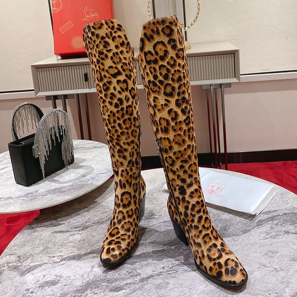

leopard suede knee boots thigh-high tall boot pointed toe stiletto heel 6.5cm leather sole women's luxury designers evening wedding sho, Black