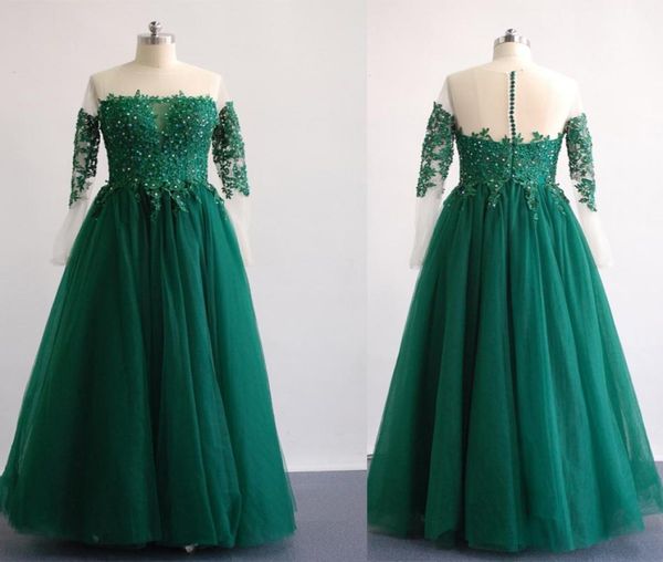 

sheer vneck 3dfloral prom dresses elegant illusion sleeves beaded appliqued belt floor length tulle and satin bridal gowns7200427, Black