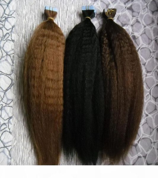 

tape in human hair extensions italian coarse yaki 40pcs kinky straight skin weft seamless hair extension samples for salon hair te3096561, Black