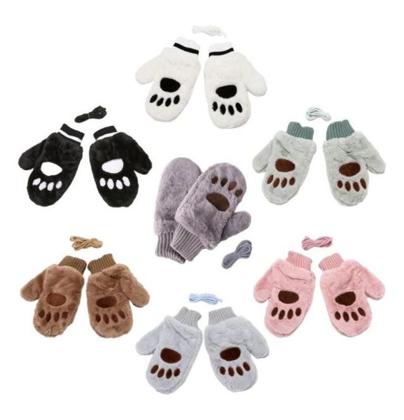 

bow ties style fluffy cat claw mittens plush kitten gloves winter warmer full finger mitten7445596, Black;gray