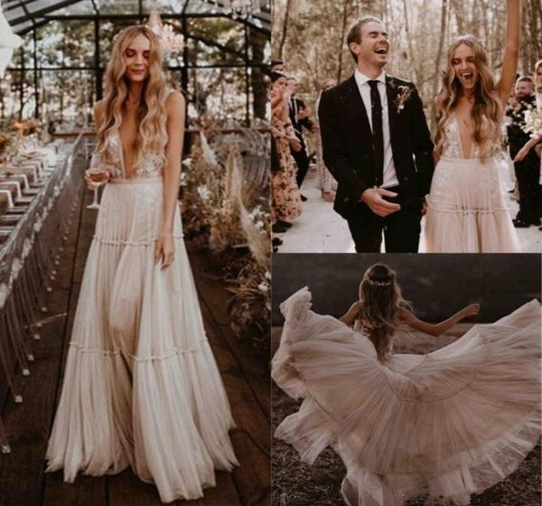 

new elegant deep vneck nude champagne long wedding dresses boho beach vintage lace bohemian wedding gowns backless vestido d1678316, White