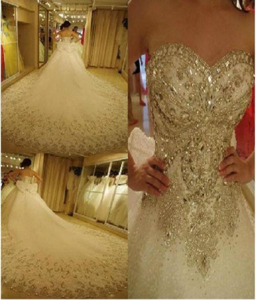 

luxury bling wedding dresses cathedral royal train shiny crystal rhinestones stones sequins beading bridal ball gown vestidos de n3943896, White