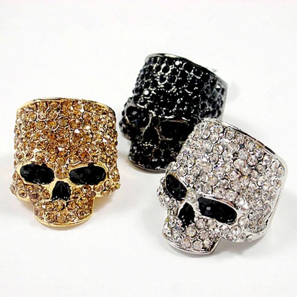 

cluster rings brand skull for men rock punk crystal black gold color biker ring male fashion jewelry wholesale 230630, Golden;silver