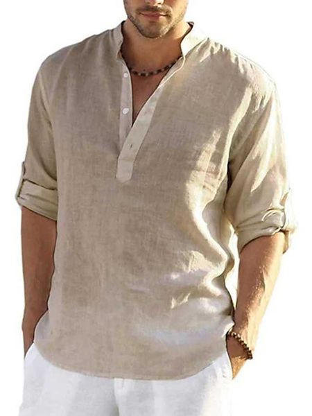 

men's shirt linen shirt summer shirt beach shirt black white yellow long sleeve solid color henley summer spring hawaiian holiday cloth, White;black