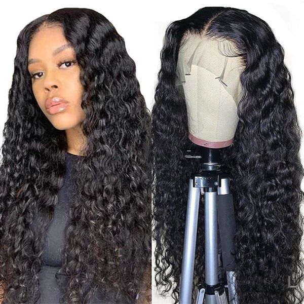 

deep wave 13x4 hd lace frontal human hair transparent curly wavy wigs glueless full lace long wig for black women, Black;brown