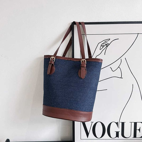 

large capacity bucket bag new summer solid color texture one shoulder handheld women's bag denim canvas bag handheld casual