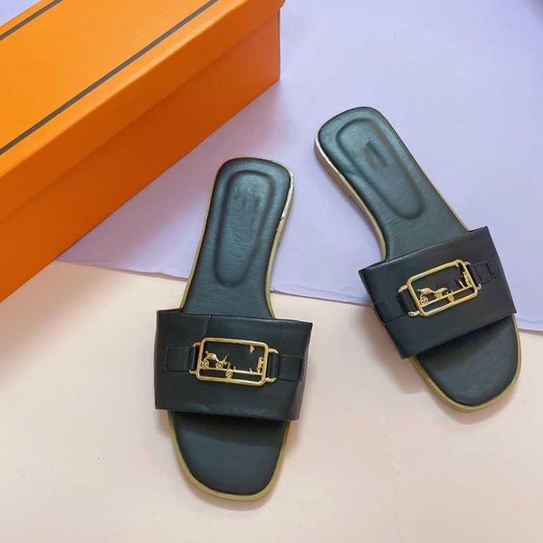 

designer slippers famouse brand sandals fashion h summer luxury brand women flip flops orange genuine mule logo leather outdoor loafers slid, Black