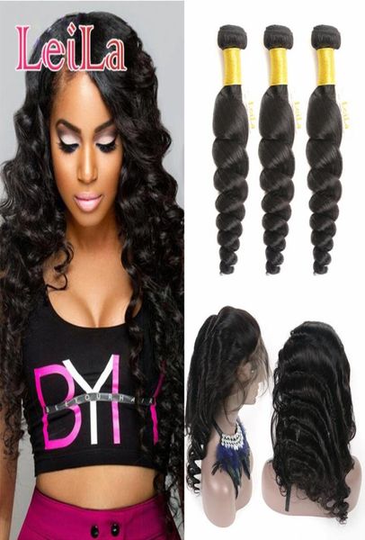 

malaysian virgin hair loose wave pre plucked 3 bundles with 360 lace frontal lace band loose wave human hair wefts with closure7095381, Black;brown