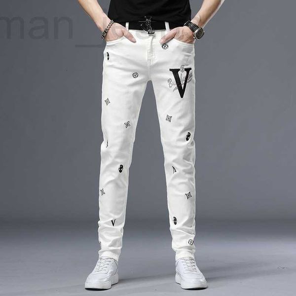 

men's jeans designer white jeans men's fashion brand personality trend pants diamond printing slim fit youth casual ewxj, Blue