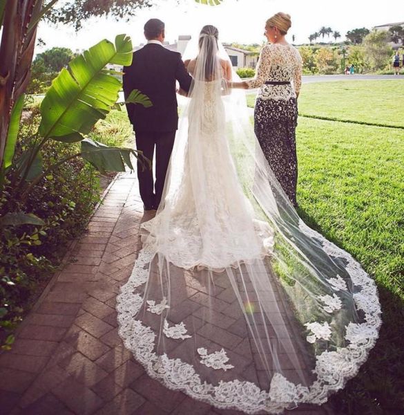 

stylish 3m two layers wedding veils with lace applique edge long chapel veils tulle custom made bridal veil with comb2151075, Black