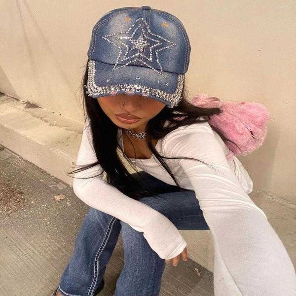 

ball caps y2kslut foreign trade europe and the united states ins personality japanese subculture rhinestone star diamond baseball cap duckzt, Blue;gray