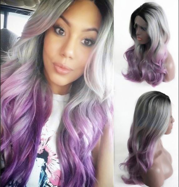 

glueless front lace 3 colors ombre purple long curly wavy synthetic wigs for women hair cosplay party 180 density middle parting1327818, Black