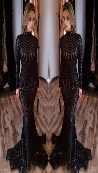 

2018 black sequined mermaid evening dresses high neck long sleeves prom dresses vestidos de fiesta formal arabic party wear9236982, Black;red