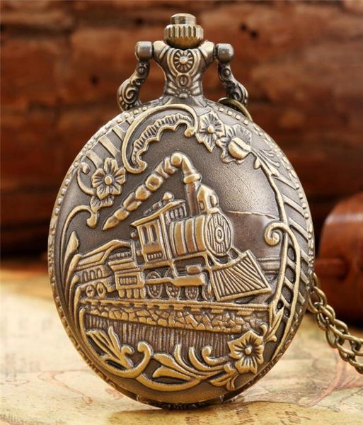 

antique classic train locomotive engine pocket watch bronze cover design necklace pendant chain gifts clock timepiece6409847, Slivery;golden