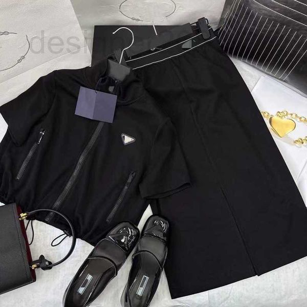 

two piece dress designer 23 spring/summer fashion letter triangle label drawstring short high waist wrap hip split half skirt set 696f, White