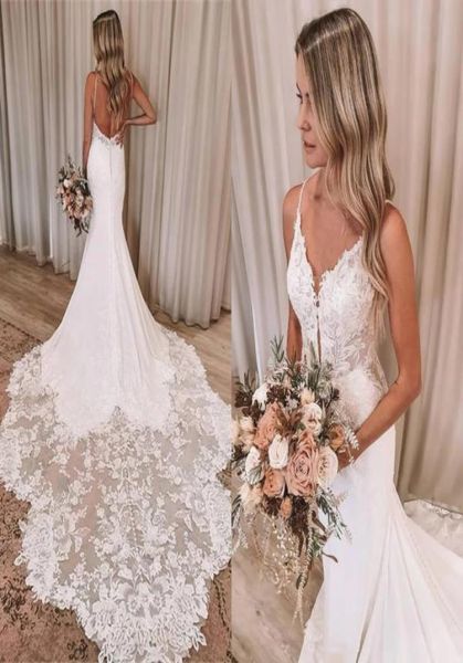 

gorgeous white ivory lace mermaid wedding dresses spaghetti straps open back long train robes de mariage custom made backless5385392