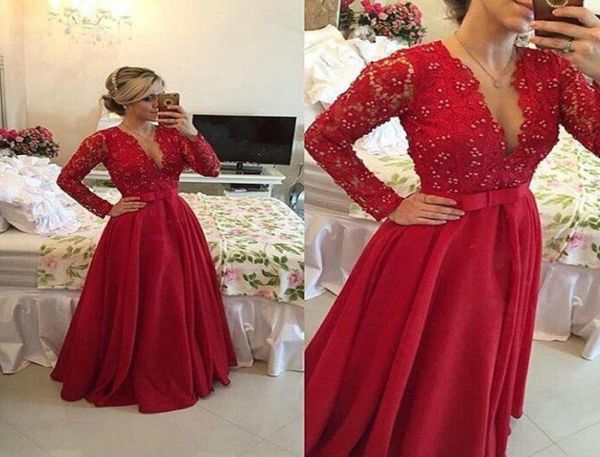 

elegant aline vneck evening dresses prom gown beaded floor length see through red lace chiffon long sleeves long party formal ba7906810, Black;red