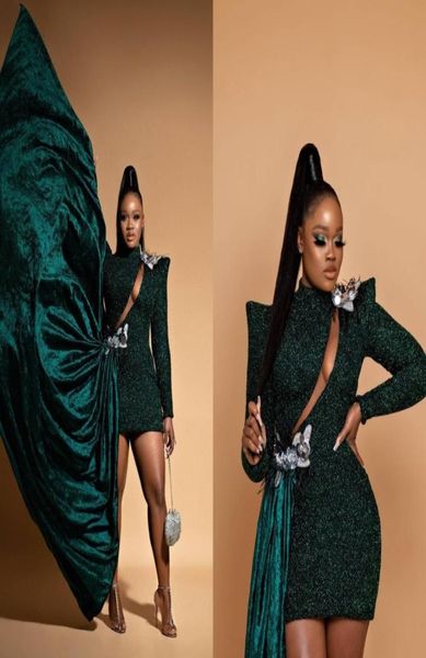 

2020 vintage long sleeves cocktail dresses high neck short sheath party gown dark graan sequined mini length formal prom even3224278, Black