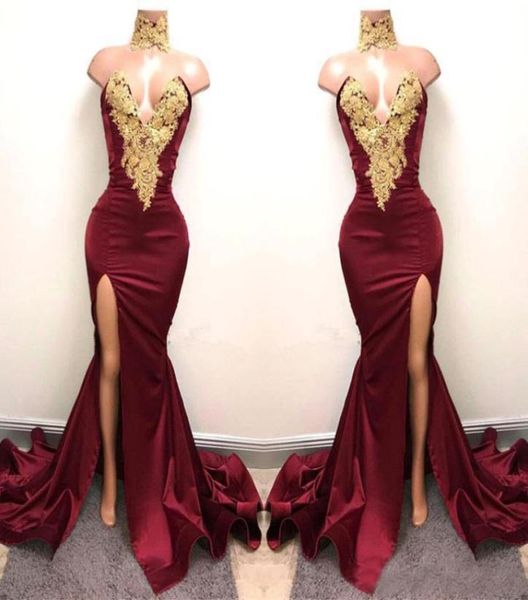 

new design 2k19 burgundy prom dresses with gold lace appliqued mermaid front split dresses long party evening wear gowns8632557, Black