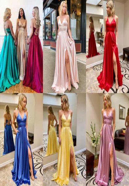 

statement back prom dress 2020 a line spaghetti straps satin formal event wear gowns with split side long real po laceup pink 1787779, Red