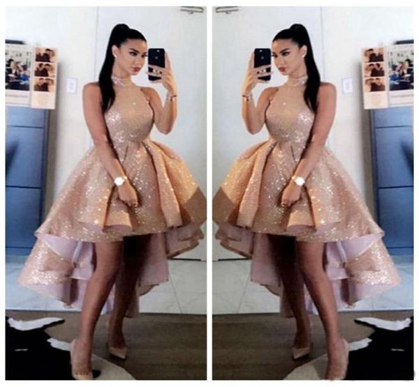 

bling bling sequins rose gold high neck prom dresses 2021 short front long back sleeveless formal party evening gowns vestido1340634, Black
