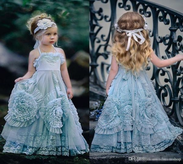 

2020 blue tulle bohemian flower girl dresses for beach wedding halter handmade flowers princess little kids birthday party pageant8864456, White;blue