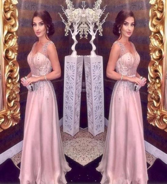

2019 arabic elegant blush pink evening dresses long aline straps v neck major beading prom party red carpet dress girls page3067526, Black;red