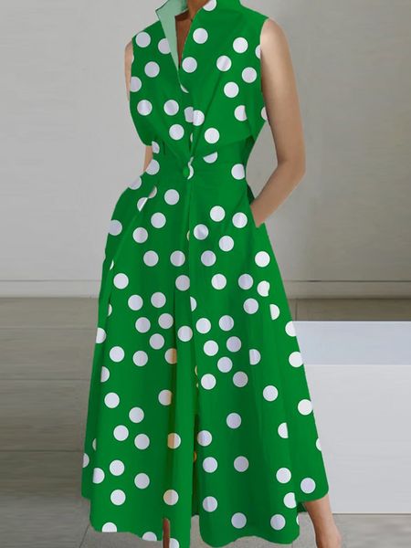 

basic casual dresses square collar patchwork pockets long dress summer women dot print casual loose dress elegant lady slim fit sleeveless d, Black;gray