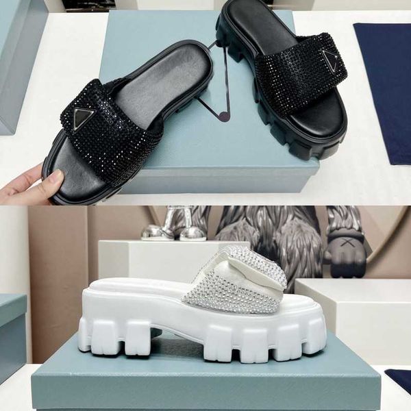 

rhinestone crystal embellished sandal triangle logo padded leather sandals slippers woman monolith rubber sole slides chunky platform mule t, Black