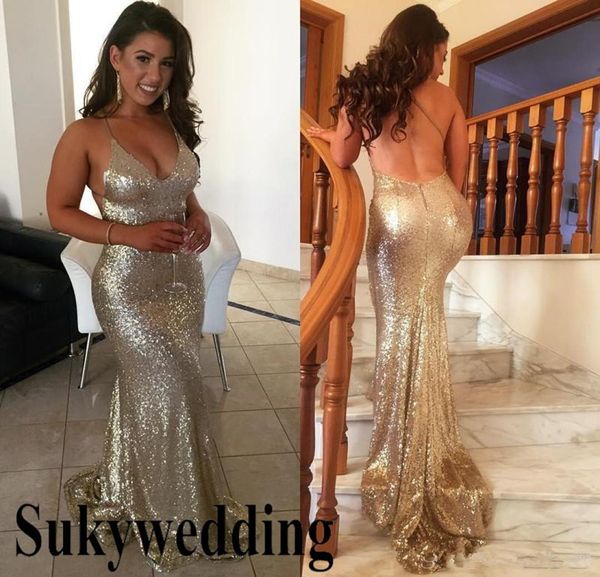 

sparky gold sequined mermaid prom dresses long deep v neck backless formal evening gowns 2019 plus size pageant party dress c5390476, Black