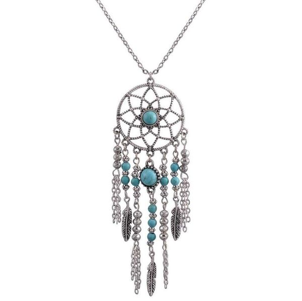 

european and american dream trap necklace national wind chain fringed feathers turquoise necklace bohemia accessories5863962, Silver