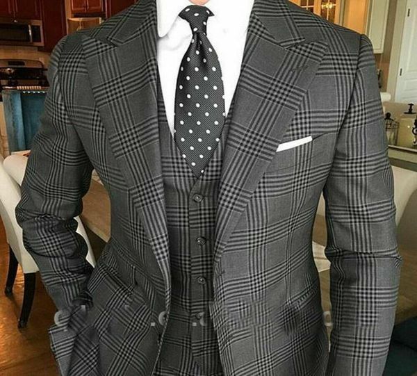 

dark grey mens plaid suits british style slim notch lapel groom party tuxedo wedding tuxedos for men formal prom suit jacketpant3976453, Black;gray