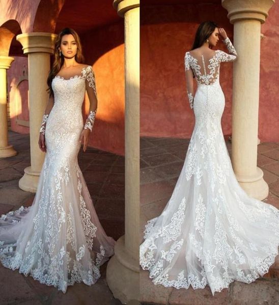 

2021 designer full lace mermaid wedding dresses elegant long sleeves appliqued lace bride dress illusion wedding gowns robe de mar1147703, White