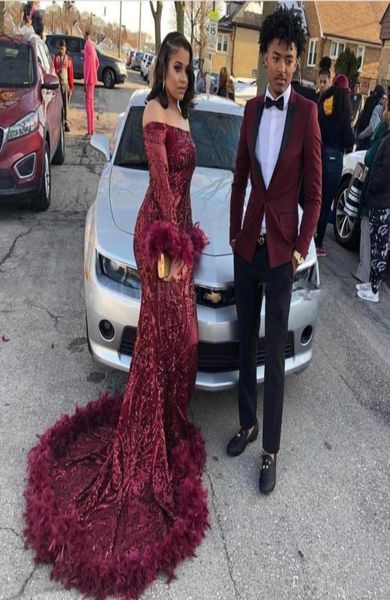 

elegant mermaid burgundy black girls prom dresses long sleeves off shoulder feather train sparkly sequin african graduation party 4969247