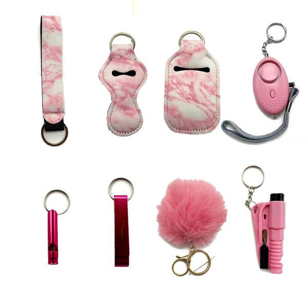 

pink fashion women self-defense keychain eight-piece set with liquid bottle set lipstick set bottle opener alarm hairball window breaker saf, Silver