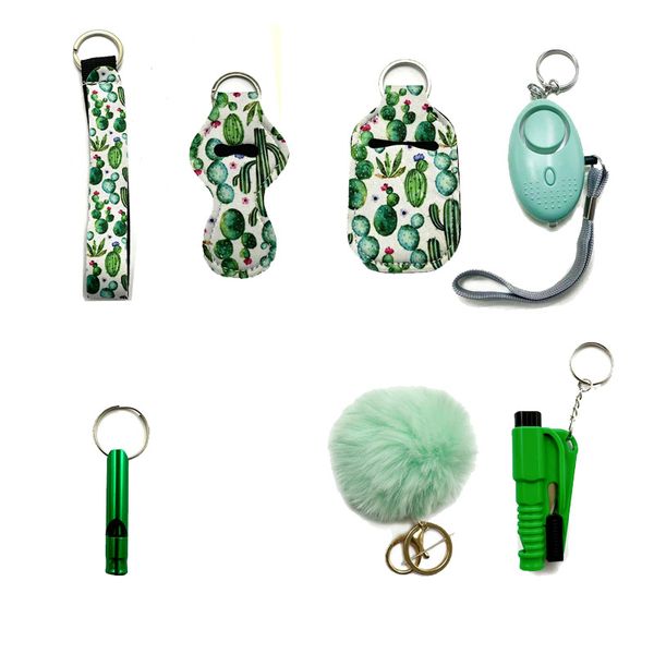 

green selling self-defence seven-piece wrist strap liquid bottle sleeve hairball alarm window breaker whistle protective keychain, Silver