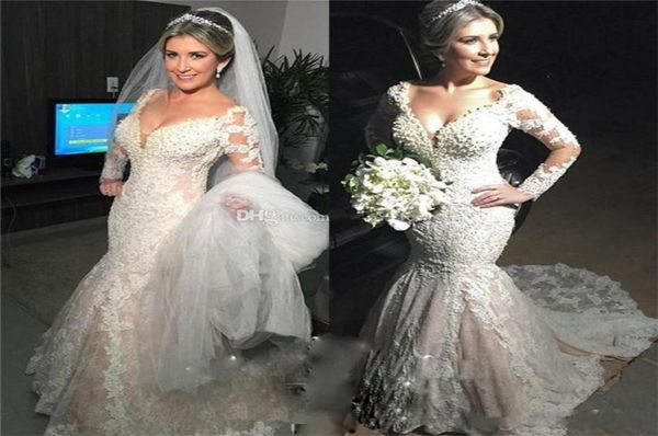 

gorgeous mermaid wedding dresses 2018 deep v neck long sleeves lace appliques court train vintage bridal gowns vestido de nov7768480, White