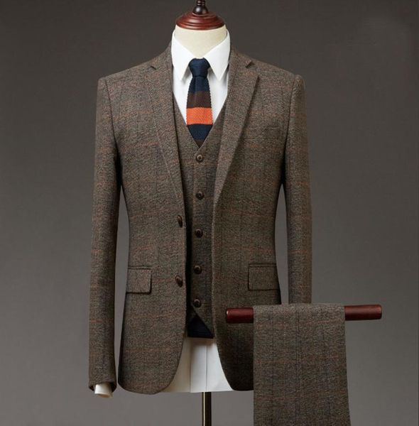 

2019 brown 3 piece mens suits tweed wool check suits regular fit groom tuxedos custom made6331358, Black;gray