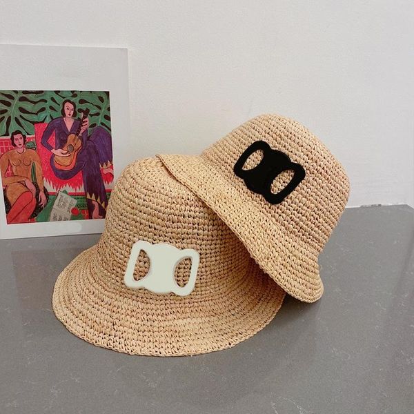 

Designer Bucket Hat Stingy Brim Hats Classic Pattern for Man Woman Fashion Straw Caps 2 Colors, C2