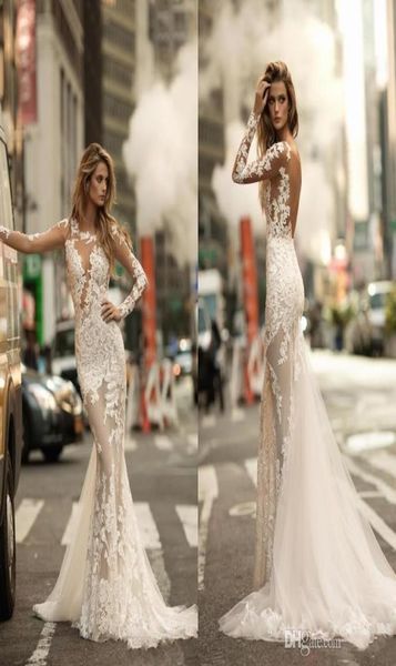 

2018 gorgeous mermaid wedding dresses sheer long sleeves full lace appliqued bridal dress see through backless bridal gowns7872914, White